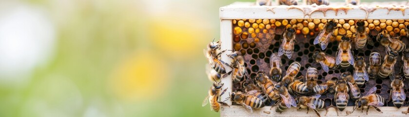 Close-up of a thriving beehive bustling with bees, showcasing their diligent work in a vibrant, natural environment.