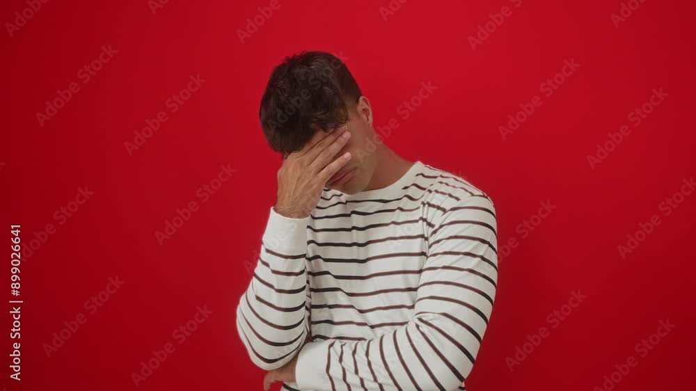 Canvas Prints Young hispanic man wearing stripes t shirt standing serious with eyes covering hand, concept of sadness and rejection over isolated red background