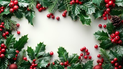 Christmas background with holly and fir branches forming a rectangle on a white background with copy space