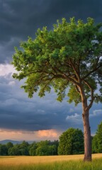 Fototapeta premium Solitary Tree in a Field Under a Dramatic Sky.