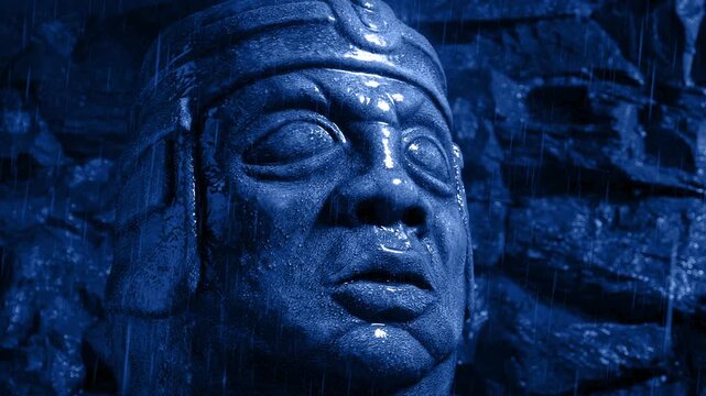 Lightning And Rain On Statue Head At Night
