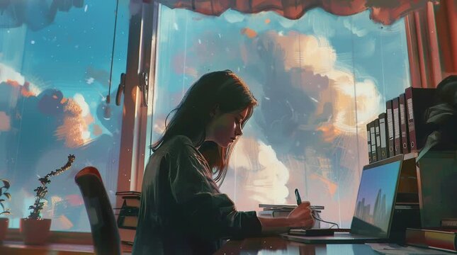 Girl with a melancholic expression writing in her room, a big window at a cloudy landscape
 Seamless looping 4k time-lapse virtual video animation Generated AI