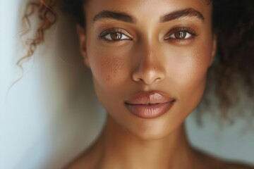 closeup beauty portrait of a radiant woman with flawless skin soft diffused lighting dewey complexion and natural makeup emphasize a fresh healthy glow