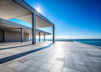 Sleek modern architecture meets serene natural scenery in this futuristic rendering of a deserted sea view plaza with crystal clear sky and minimalist concrete surroundings.