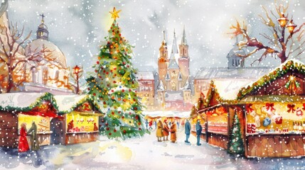 Obraz premium Winter Wonderland: Vibrant Christmas Market and Snowy Scene Watercolor Painting