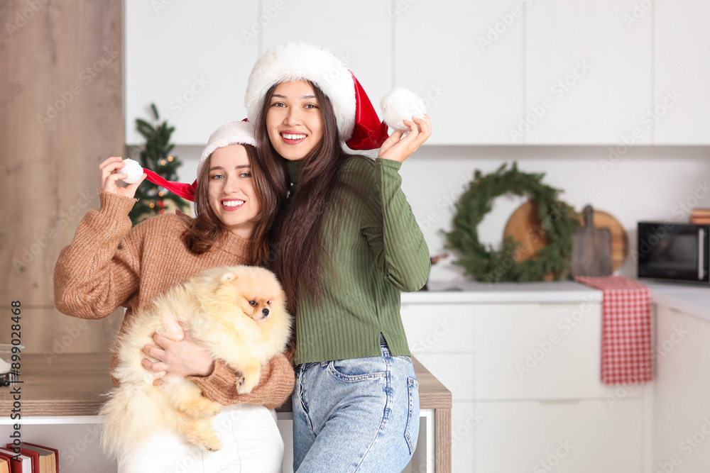 Poster Young lesbian couple with Santa hats and dog in kitchen on Christmas eve