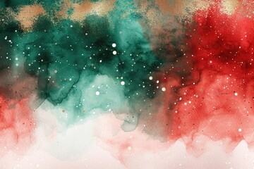 Fototapeta premium Abstract Christmas background with red and green watercolor splashes and glitter