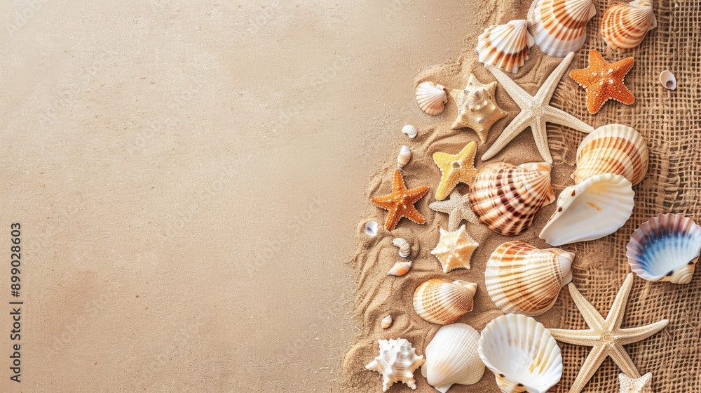 Sticker simple summer holiday theme with sea shells and jute rug on beige background space for text