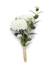 One small stylish boutonniere isolated on white, top view