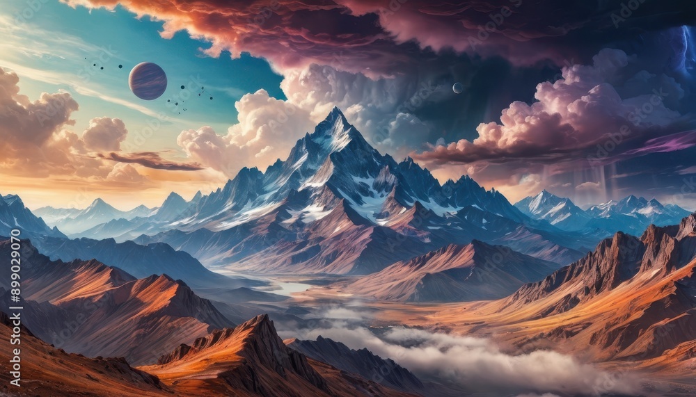 Sticker majestic mountain range with dramatic sky and planets.