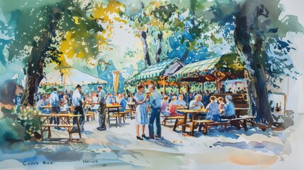Fototapeta premium Traditional Oktoberfest Beer Garden Celebration in Watercolor Painting, People in Bavarian Attire Enjoying Pretzels and Beer