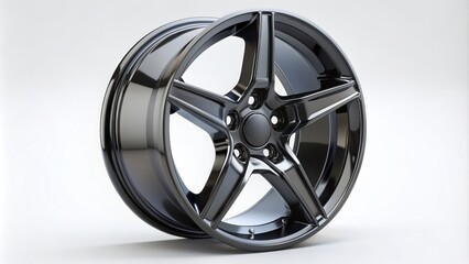 Obraz premium Glossy black sports car wheels with sleek, five-spoke alloy rims and low-profile tires, angled to showcase dynamic design and high-performance capabilities.