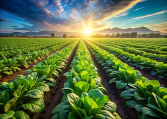 Vibrant green spinach rows stretch towards the horizon in a serene agricultural landscape, bathed in warm morning sunlight, emphasizing nature's beauty and abundant harvest.