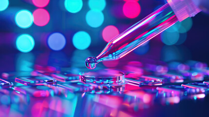 Close up of a biotech test tube with a pipette over a computer screen displaying DNA and biolynk symbols