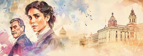 A photo of An elegant illustration of influential Hispanic figures in history, with portraits and key achievements, set against a backdrop of historical events