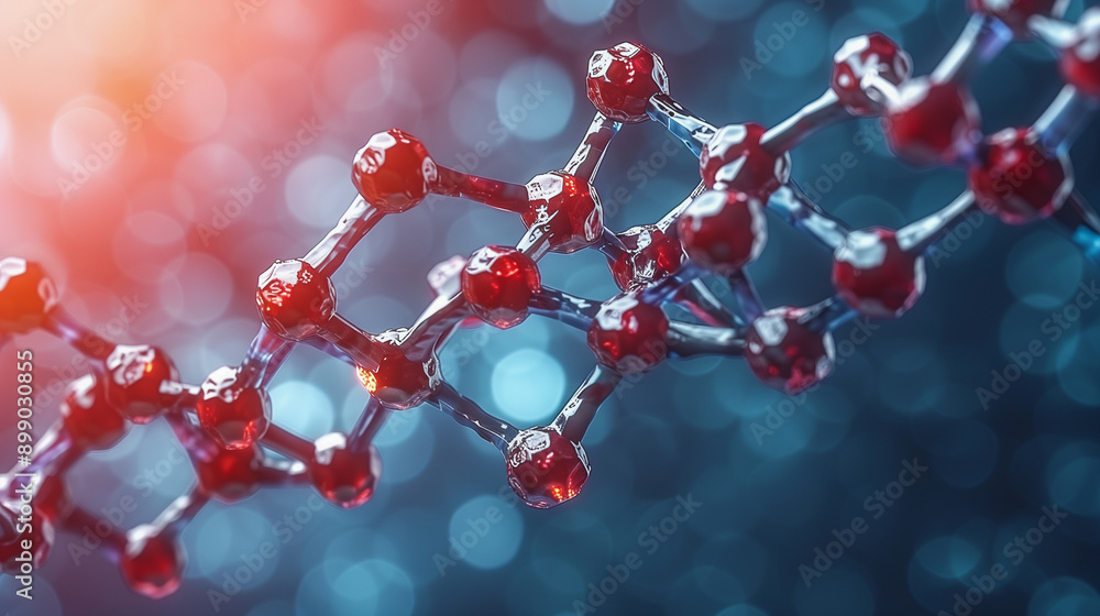 Aufkleber red molecular structure with blue bokeh background..