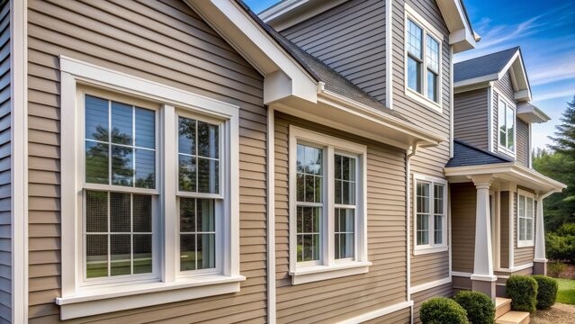 Close-up view of vinyl siding on a house exterior, with crisp white window frames and subtle texture, showcasing modern home exterior design elements.