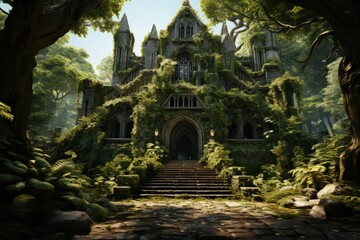 Fototapeta premium The eerie beauty of an abandoned building overgrown with nature