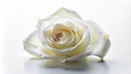 Isolated white rose petal lying gently on a pure white background, its delicate curves and subtle shadow evoking serene simplicity and quiet elegance.