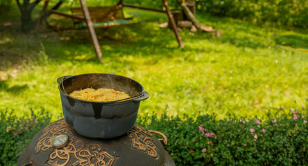 summer background with pilaf in a pot