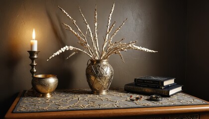 Still Life with Candle, Vase, Books, and Gold Accents.