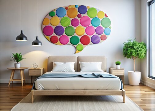 Vibrant modern speech bubble wall decal adds personality to bedroom decor with easy peel-and-stick application, creating a stylish and conversation-starting accent wall feature.