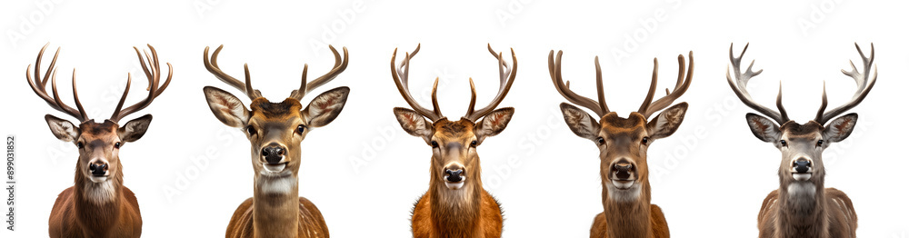 Wall mural Set of wild deer with horns isolated on white background cutout