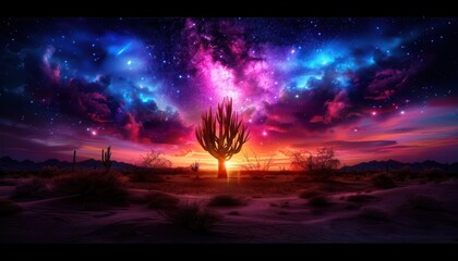 Obraz premium Cactus silhouetted against a starry night sky, Mystical, Dark hues, Watercolor