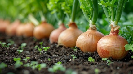 Vibrant onions thrive in a lush garden, ready for harvest in the sunny weather. The close up view captures their natural beauty in fertile soil, perfect for farming projects