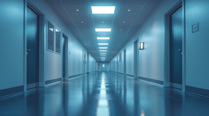 Walking through an empty hospital corridor at night. Bathed in serene blue light reflecting off shiny floors and walls