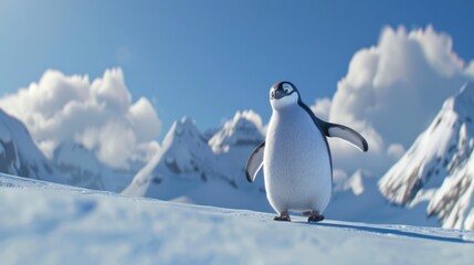 A Penguin Walking on Snowy Mountain