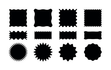 Collection of square and circular shapes with zigzag border. Set of irregular patches. Black graphic design elements for decoration, banner, collage, Vector, poster, template, sticker, badge,