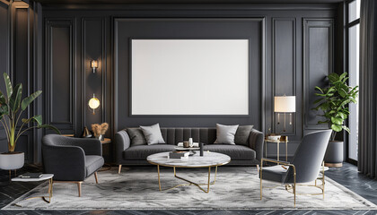 Contemporary living room with empty frame