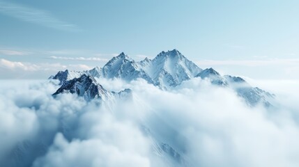 Naklejka premium Majestic mountain range, cloaked in a thick magical mist, with floating charms glowing softly, clouds drifting lazily, enchanting and otherworldly