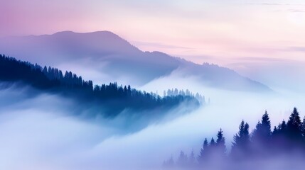 Fototapeta premium Enchanted scene of mist-covered hills, ancient trees shrouded in magical mist, glowing lights and ethereal atmosphere, mystical and serene, twilight colors