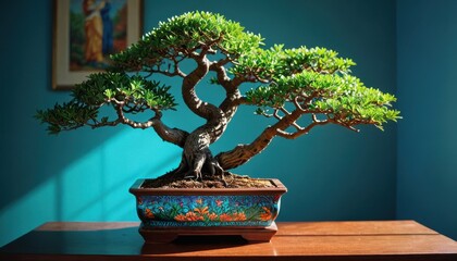 Obraz premium Bonsai Tree in Decorative Pot on Wooden Table Against Teal Wall.