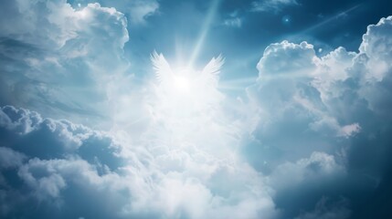 Heavenly angelic figure floating amidst magical mist, delicate wings and soft, glowing light, embodying an ethereal and airy presence