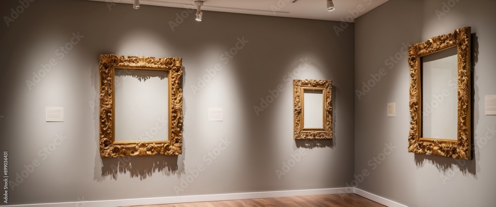 Poster an elegant art gallery featuring ornate empty frames, creating a sophisticated atmosphere for exhibi