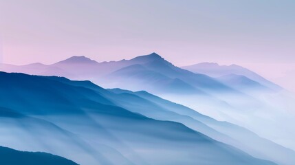 Fototapeta premium Dreamy mountain landscape with a magical mist rolling through, relaxing twilight light casting a bewitched glow over the scene, creating a peaceful, otherworldly vibe