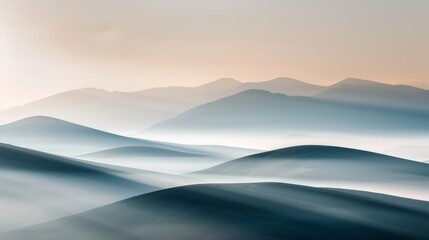 Spellbound landscape with rolling misty hills, faint silhouettes of mythical creatures, enchanting fog and soft, glowing light, otherworldly ambiance