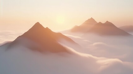 Majestic landscape view of a foggy mountain range at sunset, peaks piercing through the mist, warm hues blending into the cool, ethereal mist