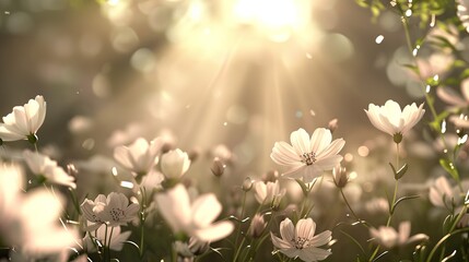 Fototapeta premium Airy, ethereal meadow with delicate flowers and a soft, magical mist, creating a light, otherworldly atmosphere, bathed in heavenly glow