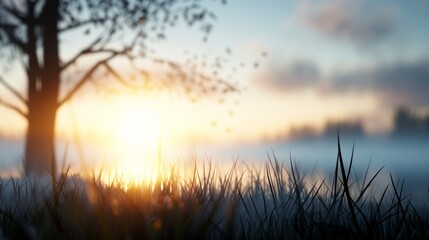 Fototapeta premium Serene meadow at dawn, magical mist rising from the ground, mythical creatures like phoenixes and elves, resting in an airy, peaceful environment