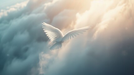 Heavenly angelic figure floating amidst magical mist, delicate wings and soft, glowing light, embodying an ethereal and airy presence