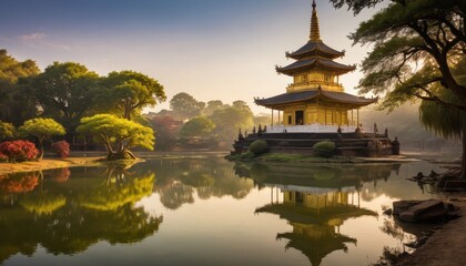 Obraz premium Golden Pagoda Reflection in Tranquil Pond at Sunrise.