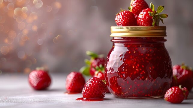 Glass jar full of strawberry jam surrounded by fresh strawberries on a gray background