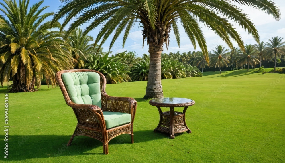 Poster wicker chair and table on green grass under palm trees.