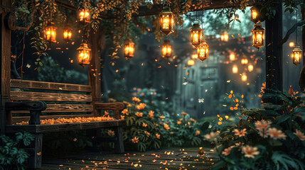 Obraz premium unique garden view with an old wooden bench