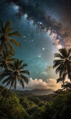 Palm Trees Silhouetted Against Milky Way Galaxy.