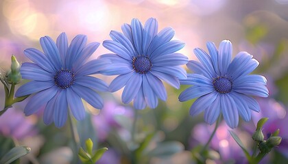 Blooming blue daisy flowers growing in field 